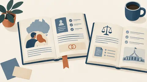 Illustration of two open books side by side with a bookmark