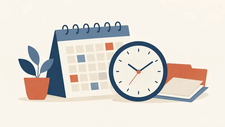 Illustration of a clock face with a calendar behind it