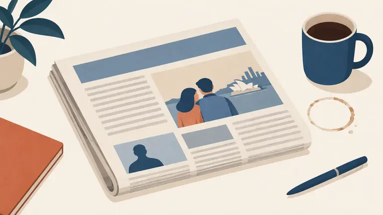 Illustration of a folded newspaper on a desk with a coffee ring