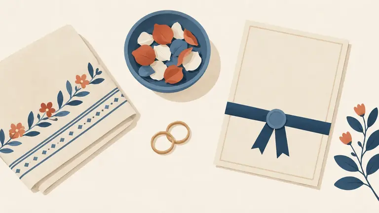 Illustration of a ceremony table seen from above: a folded embroidered cloth, two plain rings, a small bowl of flower petals and a plain certificate with a ribbon