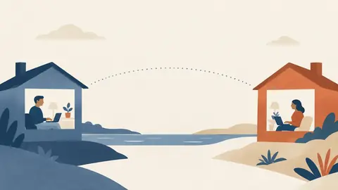 Illustration of two small houses on opposite sides of a wide gap