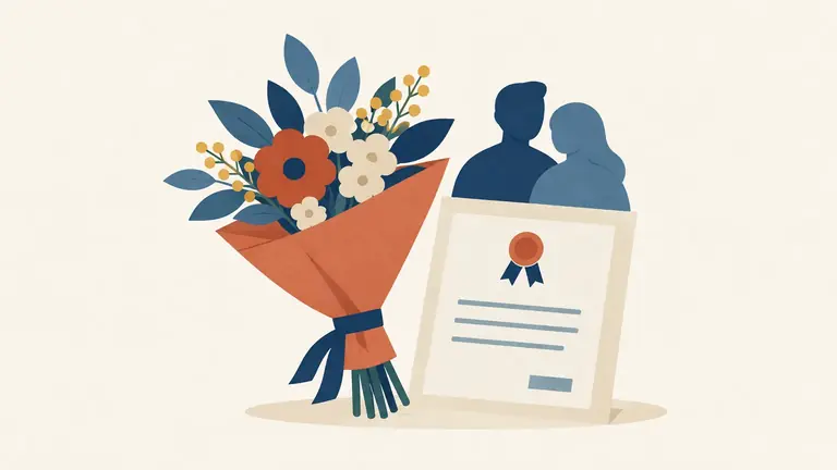 Illustration of a bouquet abstracted into simple shapes beside a certificate