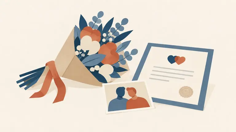 Illustration of a bouquet abstracted into simple shapes beside a certificate