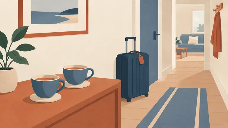 Illustration of two teacups and a visitor suitcase in a hallway