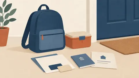 Illustration of a school bag and a lunch box by a door