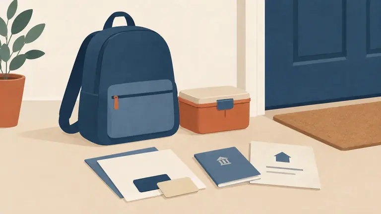 Illustration of a school bag and a lunch box by a door