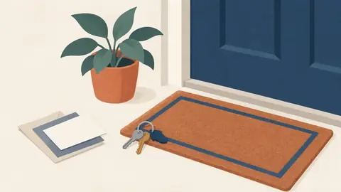 Illustration of a welcome mat, keys and a small plant by a door