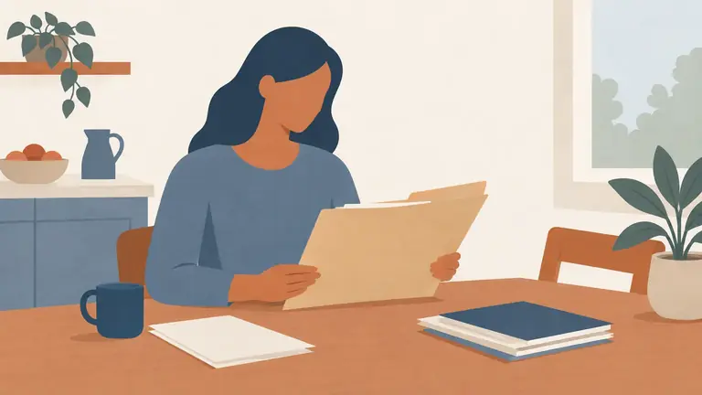 Illustration of a single figure at a kitchen table with a folder