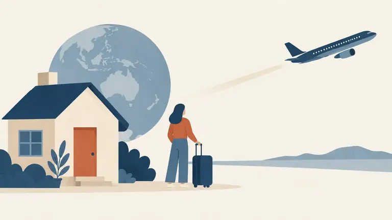Illustration of a small house with a plane leaving the frame