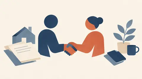 Illustration of a handshake abstracted into two interlocking shapes