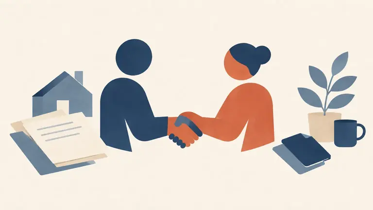 Illustration of a handshake abstracted into two interlocking shapes